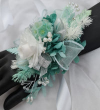 Load image into Gallery viewer, Preserved flowers corsage, teal, mint, white, silver &amp; pearls – school formal, prom, graduation, wedding
