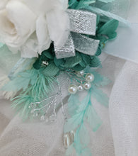 Load image into Gallery viewer, Preserved flowers corsage, teal, mint, white, silver &amp; pearls – school formal, prom, graduation, wedding
