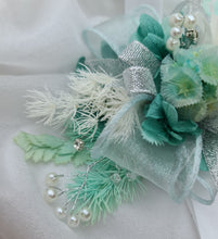 Load image into Gallery viewer, Preserved flowers corsage, teal, mint, white, silver &amp; pearls – school formal, prom, graduation, wedding
