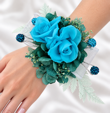Load image into Gallery viewer, Preserved flowers corsage, turquoise, teal &amp; mint  w crystals – school formal, prom, graduation, wedding

