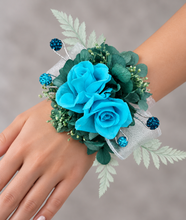 Load image into Gallery viewer, Preserved flowers corsage, turquoise, teal &amp; mint  w crystals – school formal, prom, graduation, wedding
