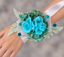 Load image into Gallery viewer, Preserved flowers corsage, turquoise, teal &amp; mint  w crystals – school formal, prom, graduation, wedding
