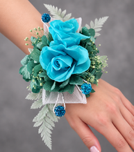 Load image into Gallery viewer, Preserved flowers corsage, turquoise, teal &amp; mint  w crystals – school formal, prom, graduation, wedding
