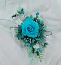 Load image into Gallery viewer, Turquoise &amp; teal preserved flowers corsage w crystals - School formal, prom, graduation, wedding
