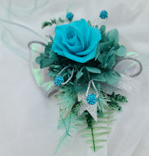 Load image into Gallery viewer, Turquoise &amp; teal preserved flowers corsage w crystals - School formal, prom, graduation, wedding
