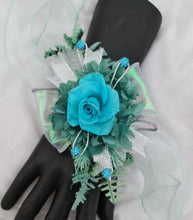 Load image into Gallery viewer, Turquoise &amp; teal preserved flowers corsage w crystals - School formal, prom, graduation, wedding
