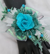 Load image into Gallery viewer, Turquoise &amp; teal preserved flowers corsage w crystals - School formal, prom, graduation, wedding
