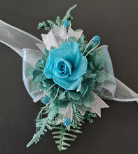 Load image into Gallery viewer, Turquoise &amp; teal preserved flowers corsage w crystals - School formal, prom, graduation, wedding

