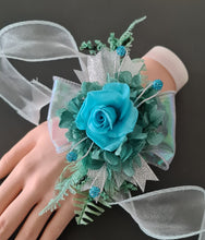 Load image into Gallery viewer, Turquoise &amp; teal preserved flowers corsage w crystals - School formal, prom, graduation, wedding
