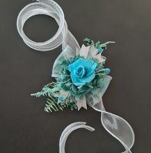 Load image into Gallery viewer, Turquoise &amp; teal preserved flowers corsage w crystals - School formal, prom, graduation, wedding
