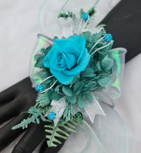 Load image into Gallery viewer, Turquoise &amp; teal preserved flowers corsage w crystals - School formal, prom, graduation, wedding
