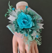 Load image into Gallery viewer, Turquoise &amp; teal preserved flowers corsage w crystals - School formal, prom, graduation, wedding
