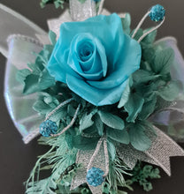 Load image into Gallery viewer, Turquoise &amp; teal preserved flowers corsage w crystals - School formal, prom, graduation, wedding
