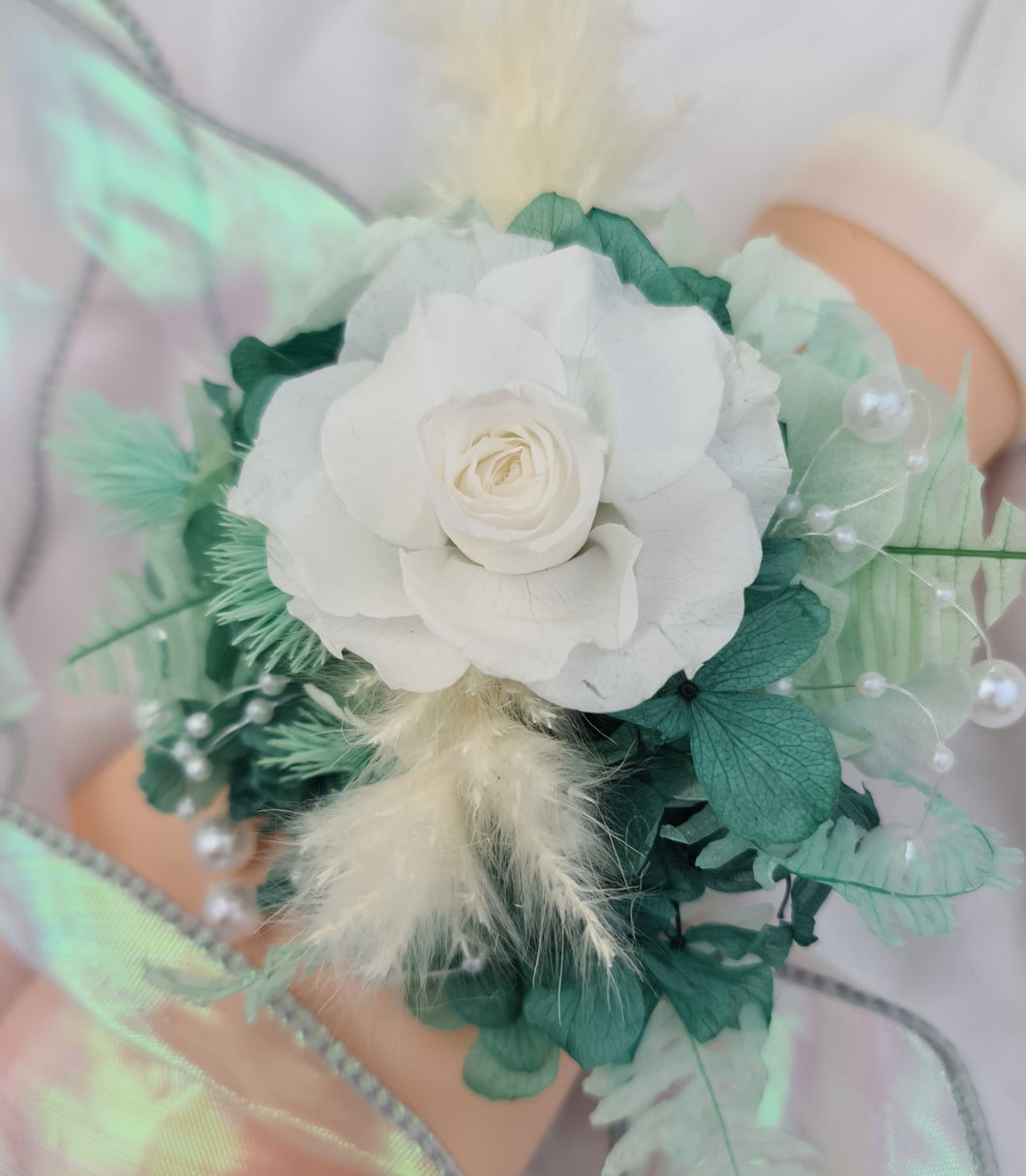 Teal, mint & white preserved flowers corsage w pearls - School formal, prom, graduation, wedding