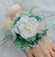Load image into Gallery viewer, Teal, mint &amp; white preserved flowers corsage w pearls - School formal, prom, graduation, wedding
