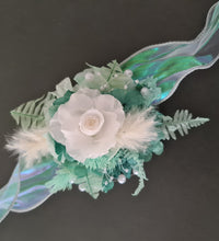 Load image into Gallery viewer, Teal, mint &amp; white preserved flowers corsage w pearls - School formal, prom, graduation, wedding

