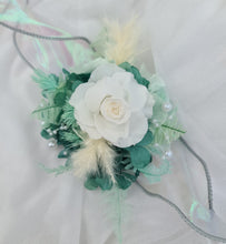 Load image into Gallery viewer, Teal, mint &amp; white preserved flowers corsage w pearls - School formal, prom, graduation, wedding
