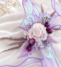 Load image into Gallery viewer, Preserved peony violet purple corsage metallic ribbon - School formal, prom, graduation, wedding
