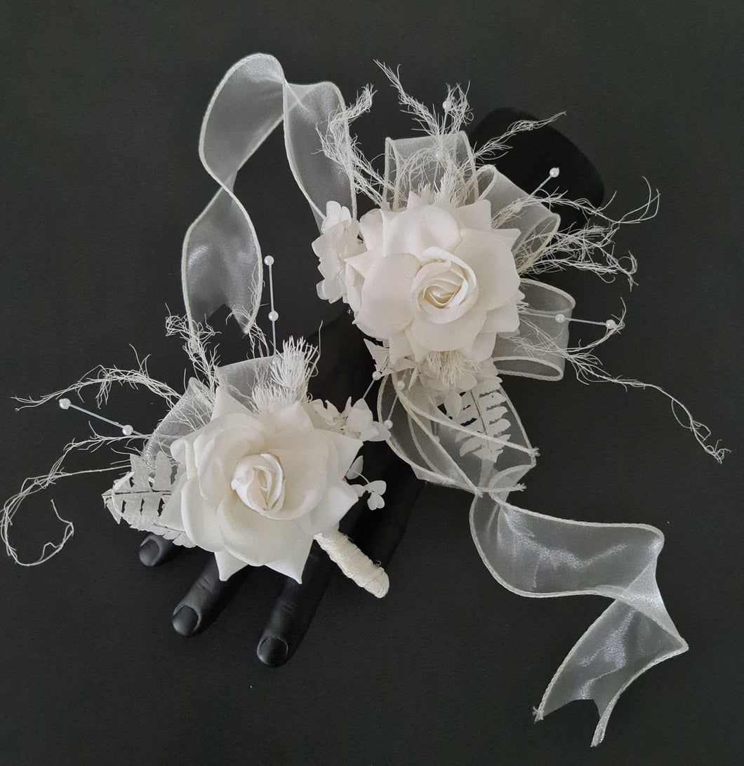 Sassy elegant white corsage & buttonhole set w pearls - School formal, prom, graduation, wedding