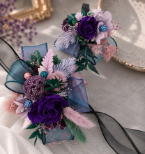 Load image into Gallery viewer, Multicoloured preserved flowers n crystals corsage &amp; buttonhole set - School formal, prom, graduation, wedding
