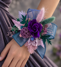 Load image into Gallery viewer, Multicoloured preserved flowers n crystals corsage &amp; buttonhole set - School formal, prom, graduation, wedding

