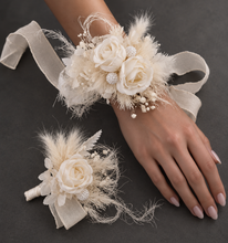Load image into Gallery viewer, Boho Corsage &amp; buttonhole set w peony - School formal, prom, graduation, wedding
