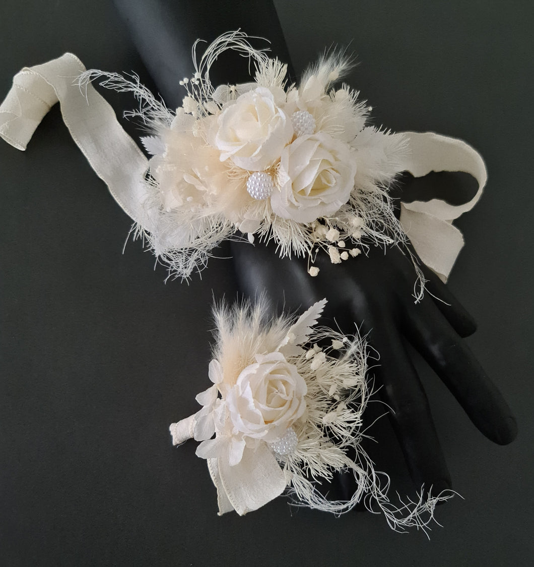 Boho Corsage & buttonhole set w peony - School formal, prom, graduation, wedding