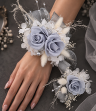 Load image into Gallery viewer, Preserved flowers snap lock corsage &amp; buttonhole - silver, grey &amp; white - School formal, prom, graduation, wedding
