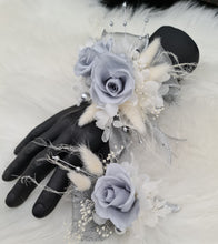 Load image into Gallery viewer, Preserved flowers snap lock corsage &amp; buttonhole - silver, grey &amp; white - School formal, prom, graduation, wedding
