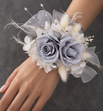 Load image into Gallery viewer, Preserved flowers snap lock corsage &amp; buttonhole - silver, grey &amp; white - School formal, prom, graduation, wedding
