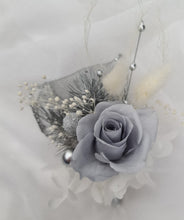 Load image into Gallery viewer, Preserved flowers snap lock corsage &amp; buttonhole - silver, grey &amp; white - School formal, prom, graduation, wedding
