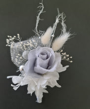 Load image into Gallery viewer, Preserved flowers snap lock corsage &amp; buttonhole - silver, grey &amp; white - School formal, prom, graduation, wedding
