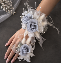 Load image into Gallery viewer, Preserved flowers snap lock corsage &amp; buttonhole - silver, grey &amp; white - School formal, prom, graduation, wedding
