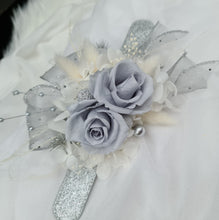 Load image into Gallery viewer, Preserved flowers snap lock corsage &amp; buttonhole - silver, grey &amp; white - School formal, prom, graduation, wedding
