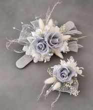 Load image into Gallery viewer, Preserved flowers snap lock corsage &amp; buttonhole - silver, grey &amp; white - School formal, prom, graduation, wedding
