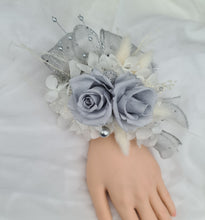 Load image into Gallery viewer, Preserved flowers snap lock corsage &amp; buttonhole - silver, grey &amp; white - School formal, prom, graduation, wedding

