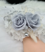 Load image into Gallery viewer, Preserved flowers snap lock corsage &amp; buttonhole - silver, grey &amp; white - School formal, prom, graduation, wedding
