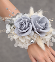 Load image into Gallery viewer, Preserved flowers snap lock corsage &amp; buttonhole - silver, grey &amp; white - School formal, prom, graduation, wedding
