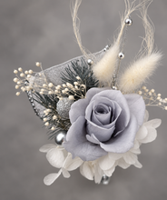 Load image into Gallery viewer, Preserved flowers snap lock corsage &amp; buttonhole - silver, grey &amp; white - School formal, prom, graduation, wedding
