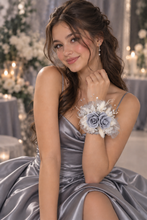 Load image into Gallery viewer, Preserved flowers snap lock corsage &amp; buttonhole - silver, grey &amp; white - School formal, prom, graduation, wedding
