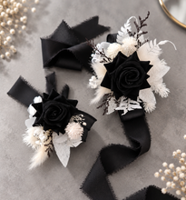 Load image into Gallery viewer, Black &amp; white everlasting flowers corsage &amp; boutonniere - School formal, prom, graduation, wedding
