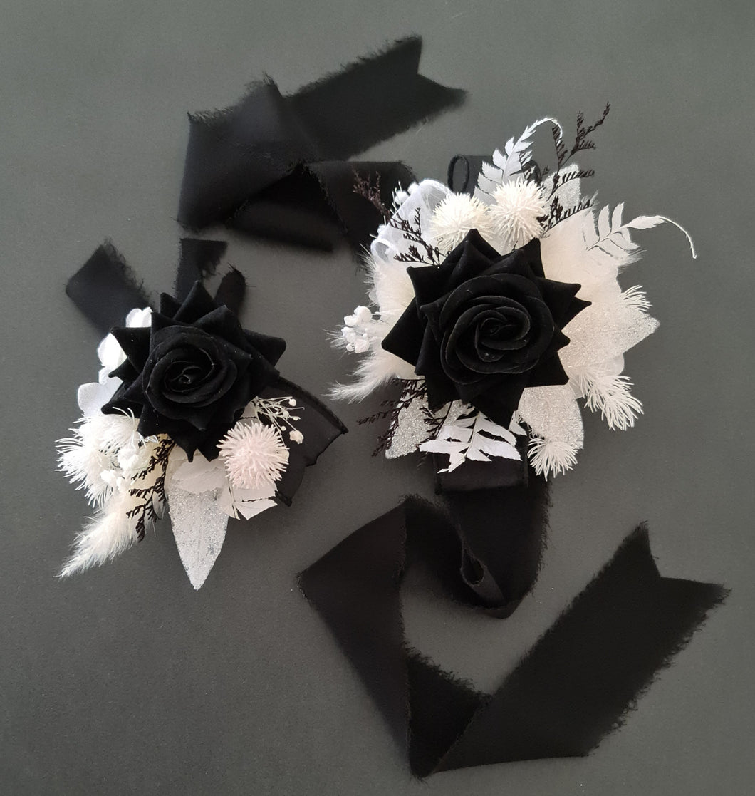 Black & white everlasting flowers corsage & boutonniere - School formal, prom, graduation, wedding