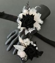 Load image into Gallery viewer, Black &amp; white everlasting flowers corsage &amp; boutonniere - School formal, prom, graduation, wedding
