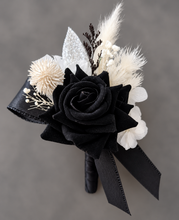 Load image into Gallery viewer, Black &amp; white everlasting flowers corsage &amp; boutonniere - School formal, prom, graduation, wedding
