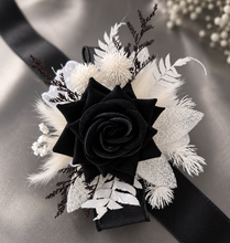 Load image into Gallery viewer, Black &amp; white everlasting flowers corsage &amp; boutonniere - School formal, prom, graduation, wedding
