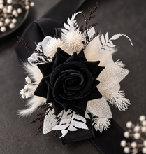 Load image into Gallery viewer, Black &amp; white everlasting flowers corsage &amp; boutonniere - School formal, prom, graduation, wedding
