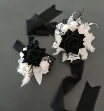Load image into Gallery viewer, Black &amp; white everlasting flowers corsage &amp; boutonniere - School formal, prom, graduation, wedding
