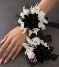 Load image into Gallery viewer, Black &amp; white everlasting flowers corsage &amp; boutonniere - School formal, prom, graduation, wedding
