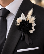 Load image into Gallery viewer, Black &amp; white everlasting flowers corsage &amp; boutonniere - School formal, prom, graduation, wedding
