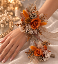Load image into Gallery viewer, Orange gold rustic preserved flowers corsage &amp; boutonniere set - School formal, prom, graduation, wedding
